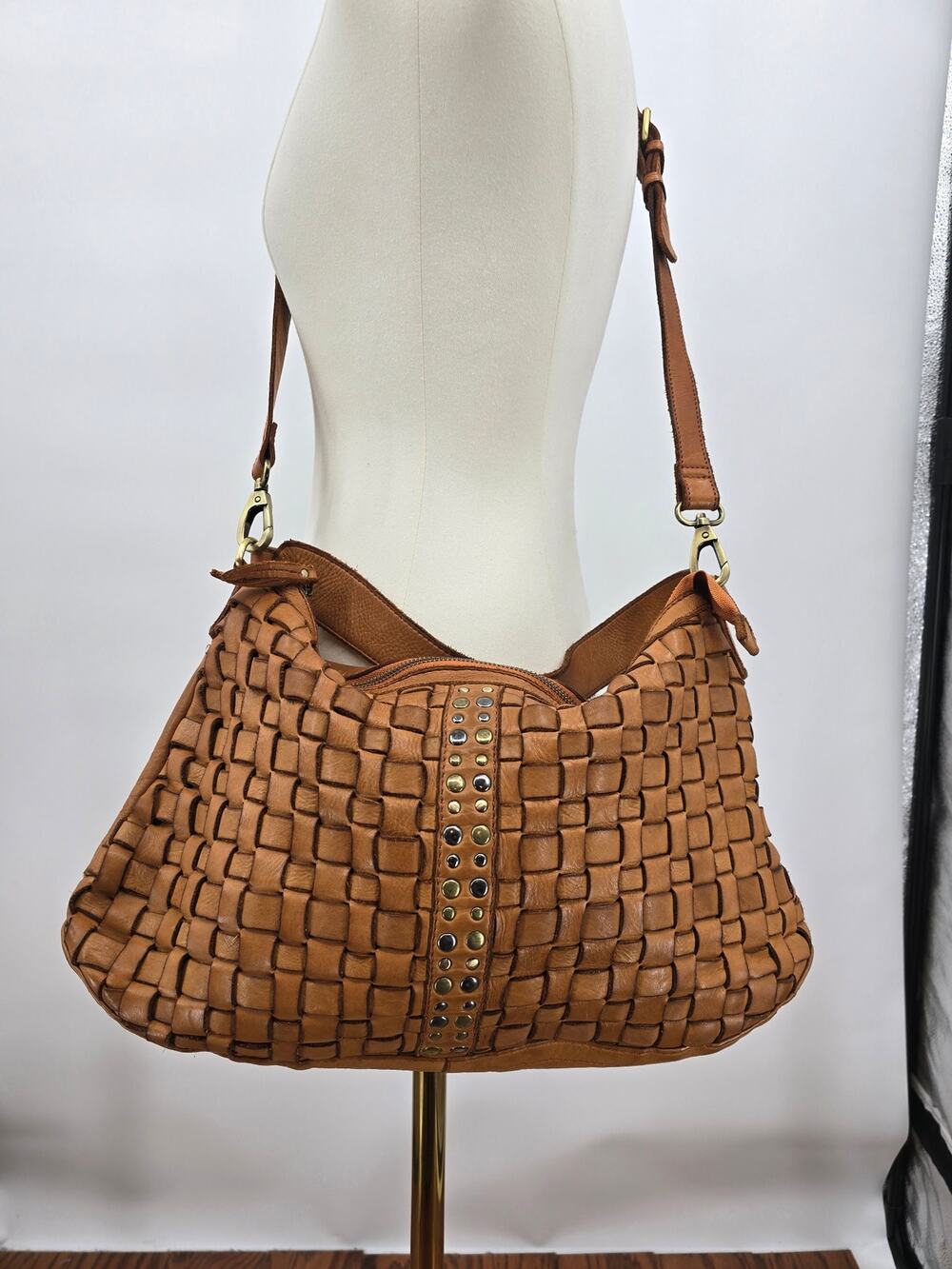 Marta‎ Ponti Quiet Luxury Imported Genuine Leather Woven Hobo Studded Detail